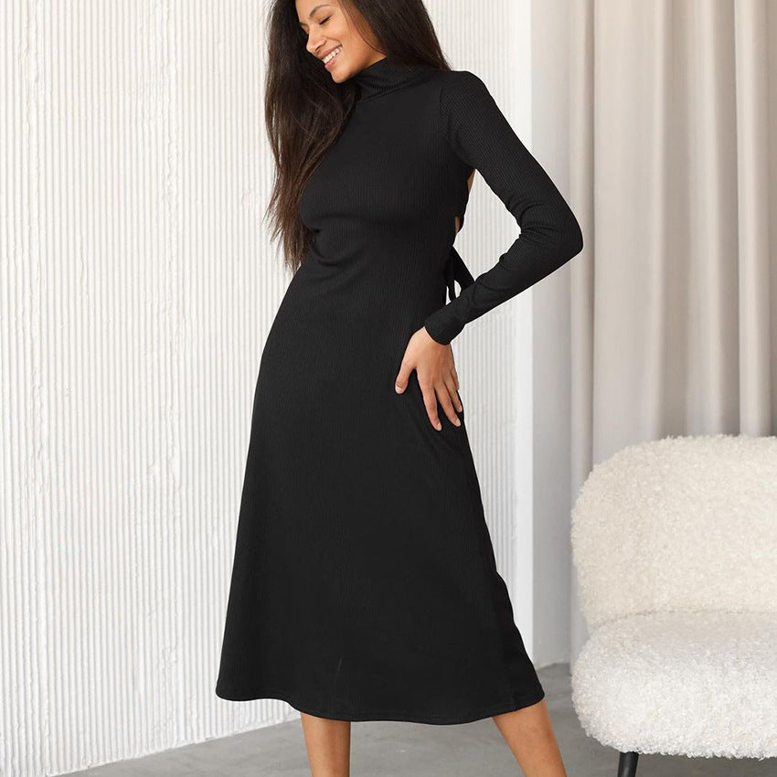 2025 fashion light luxury turtleneck long-sleeved dress black backless lace-up long dress A-shaped skirt, new women's clothing in autumn
