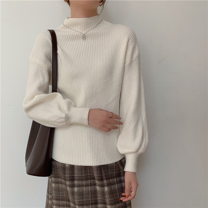 jinran fall fashion Japan and South Korea ~ 2024 New Bottoming Half Turtleneck Solid Color Lantern Sleeve Korean Style Knitted Sweater Top for Women