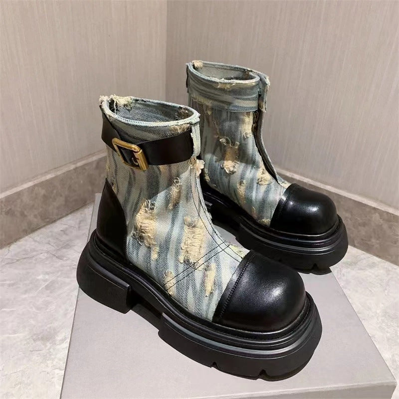 jinran shoes Martin Boots for Women 2024 Spring and Autumn New Distressed Thick Bottom Denim Motorcycle Single Boots Short Boots Tooling Short Boots