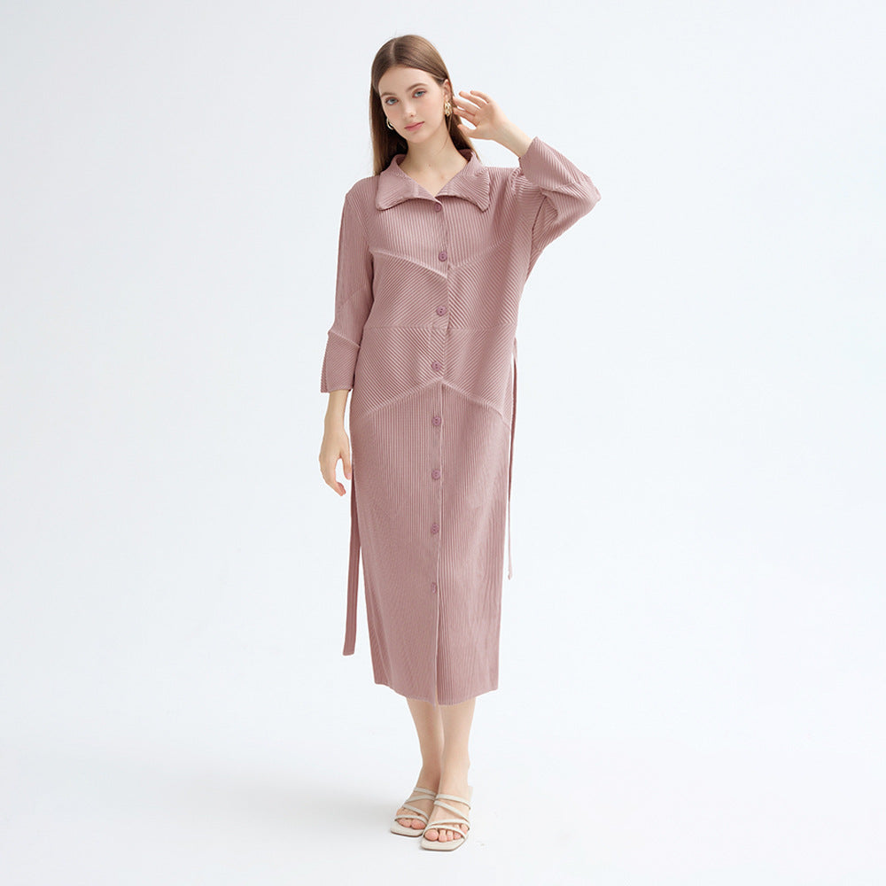 2025 spring new single-breasted long-sleeved lace-up dress medium and long Korean version simple loose pleated A-shaped skirt