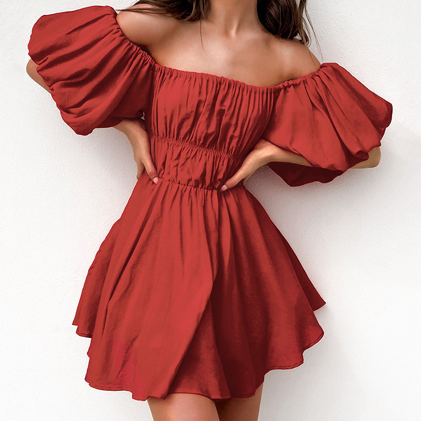 2025 summer new bubble sleeve cotton and linen pleated princess dress small dress short sleeve one-word collar women's dress