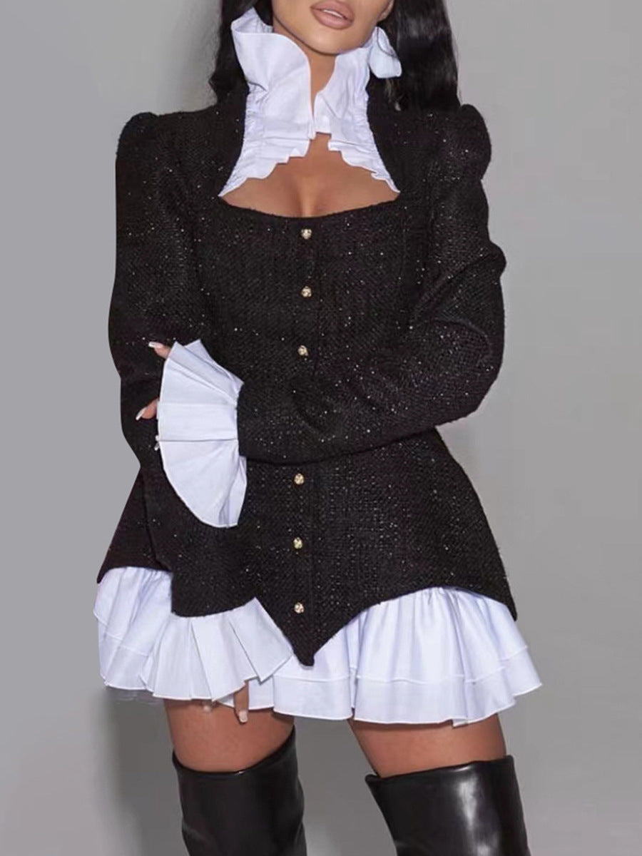 jinran dti outfits Spring 2024 New Chanel Style Square Collar Long-Sleeved Coat with Ruffled Stitching Skirt Tweed Suit Women