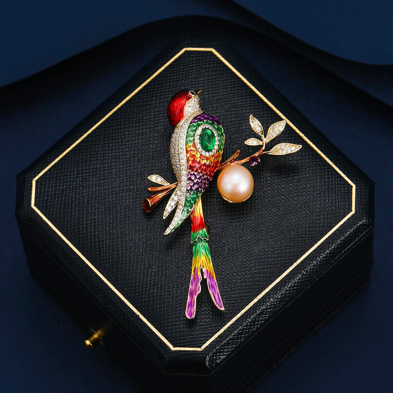 2025 New national style color drip enamel cheongsam dress corsage cardigan pin freshwater pearl bird magpie brooch