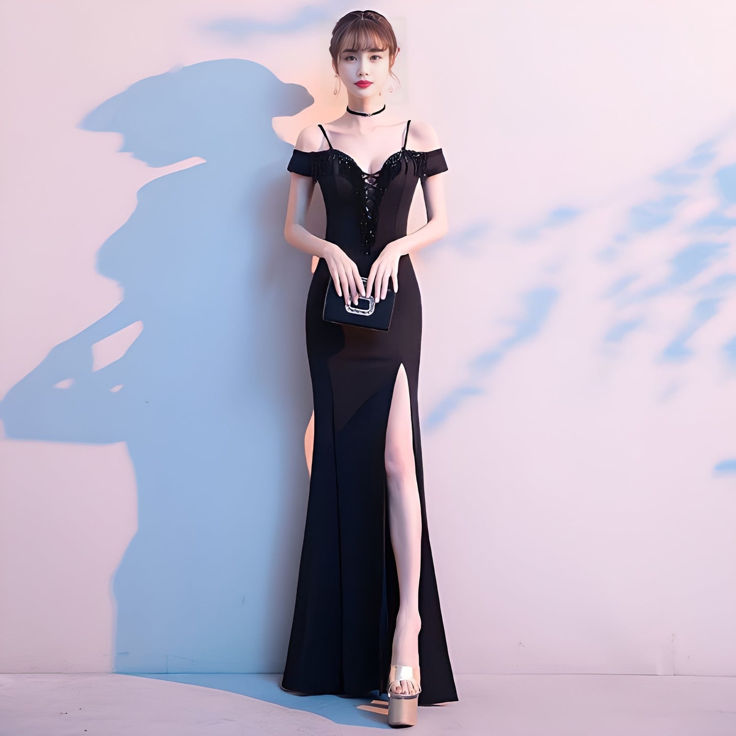 2025 Evening dress women's one-word shoulder high-end temperament socialite banquet dinner Hepburn style tube top side split fork long dress