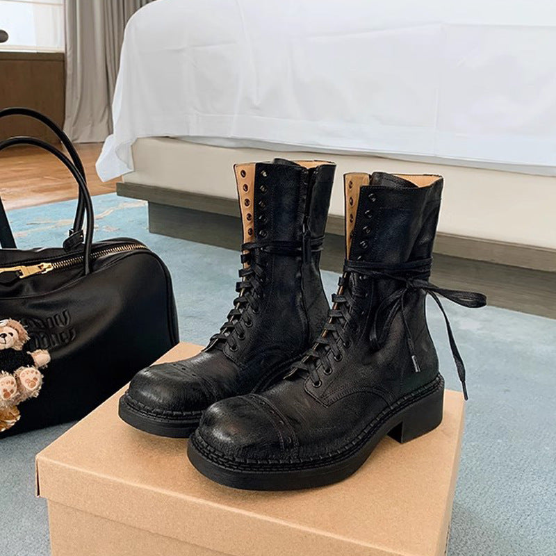 2025 Cowhide version~ Grape mother same autumn and winter British style engraved round head side zipper strap versatile knight Martin boots