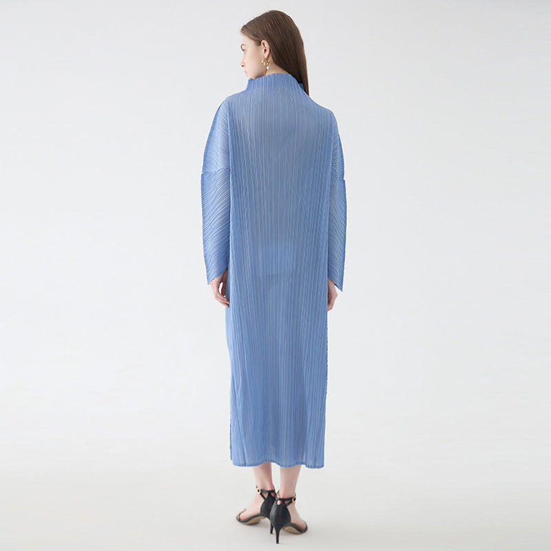 2025 spring temperament turtleneck folding sleeves solid color dress women's medium and long simple loose pleated A-shaped skirt