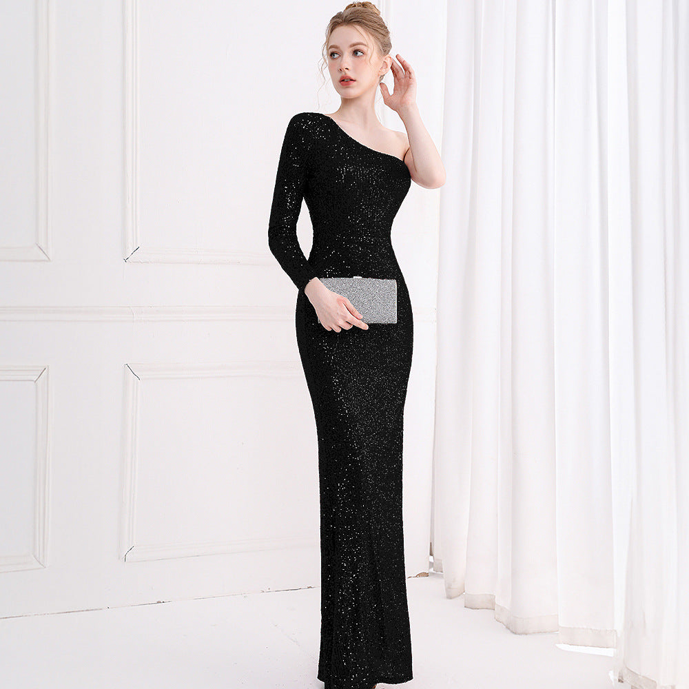 2025 Evening dress femininity light luxury banquet model catwalk company annual meeting host single shoulder long dress