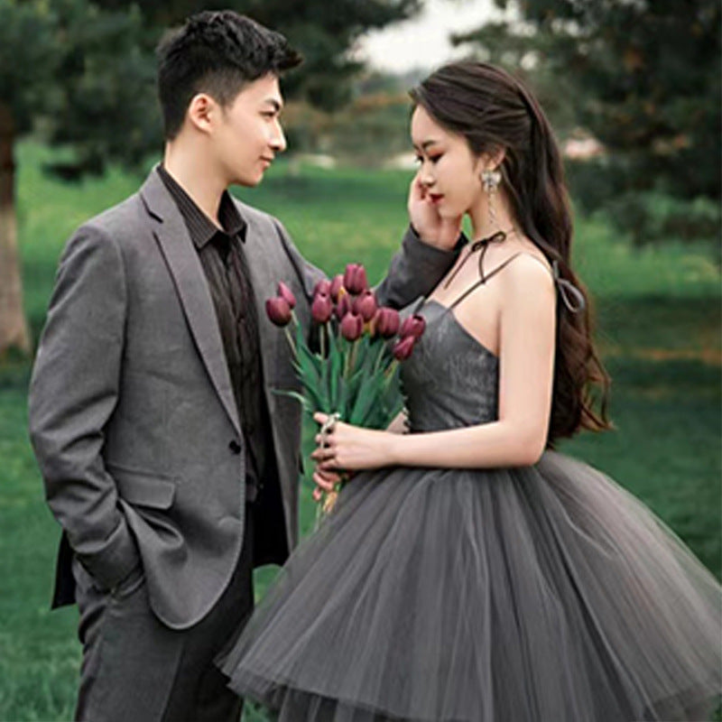 Main Wedding Studio Couple Theme Photography Clothing Color Dress Mori Grey Elegant Wedding Dress Long Trailing Suspender Dress