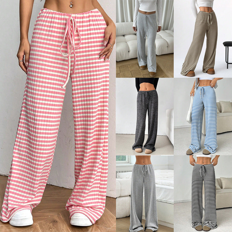 2025 Spring and Autumn New women's clothing new casual striped solid color rubber band pull rope cotton straight pants
