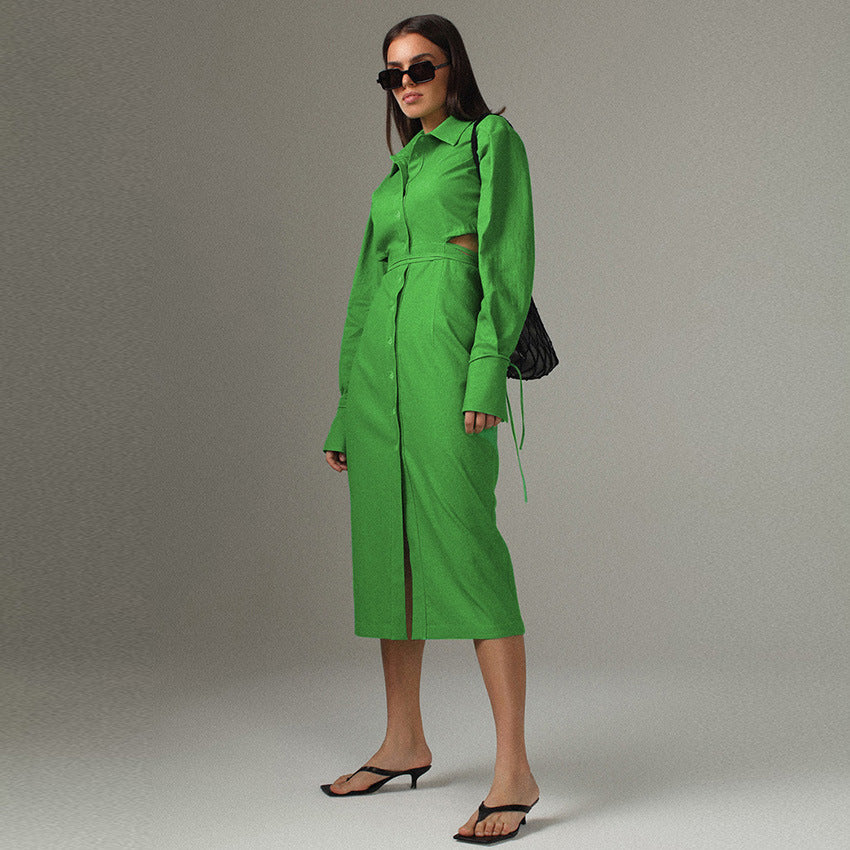 2025 autumn new green temperament waist hollow design shirt dress long sleeve medium and long dress bow women