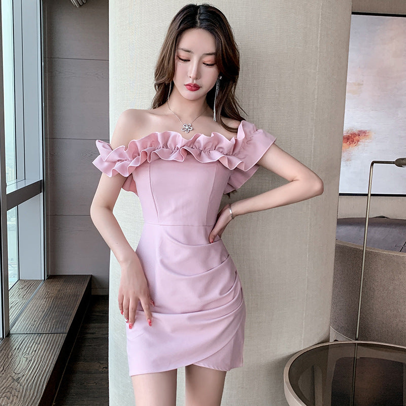 2025 Lotus leaf edge one-word shoulder tube top dress new fashion sexy slim slim hip skirt dress banquet