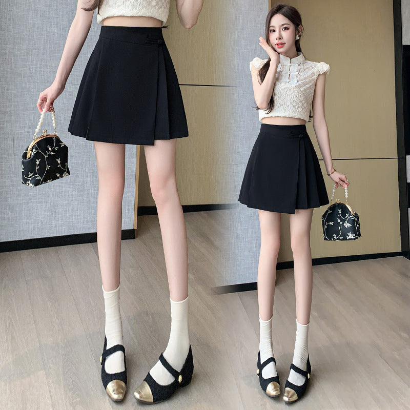2025 Casual skirt women's spring and summer new Chinese style pleated skirt A word short skirt retro belly cover hip skirt
