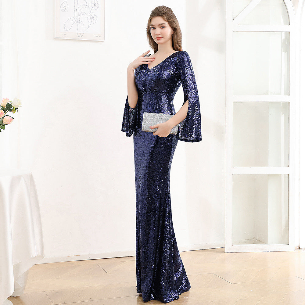 2025 Evening dress female long-sleeved celebrity banquet temperament luxury atmosphere host sequined fishtail long dress