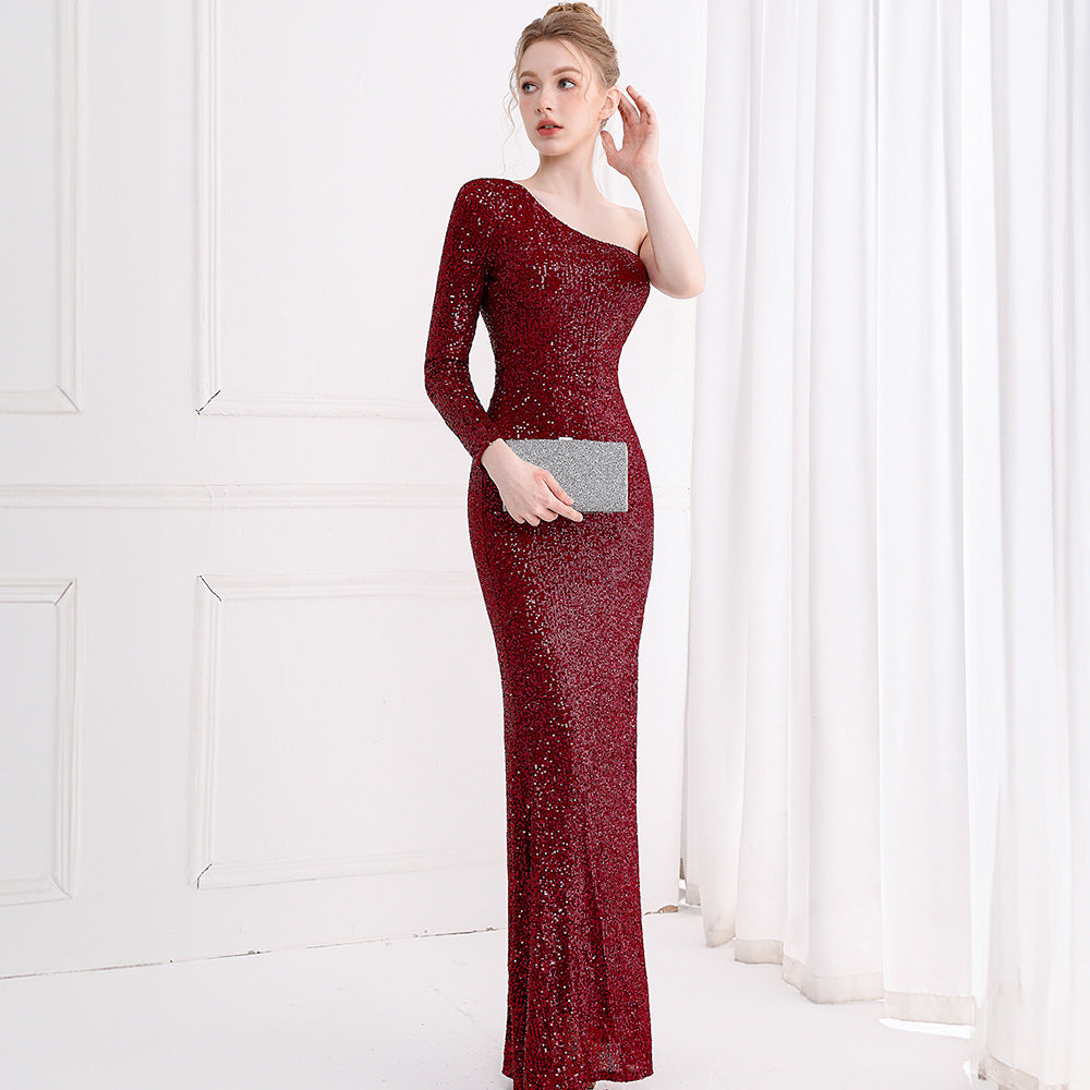 2025 Evening dress femininity light luxury banquet model catwalk company annual meeting host single shoulder long dress