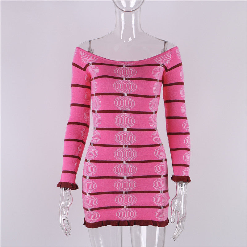 jinran dti outfits Long Sleeve Striped off-Shoulder Knitted Skirt New Sexy Tight Sweater Dress Autumn and Winter Dress Women