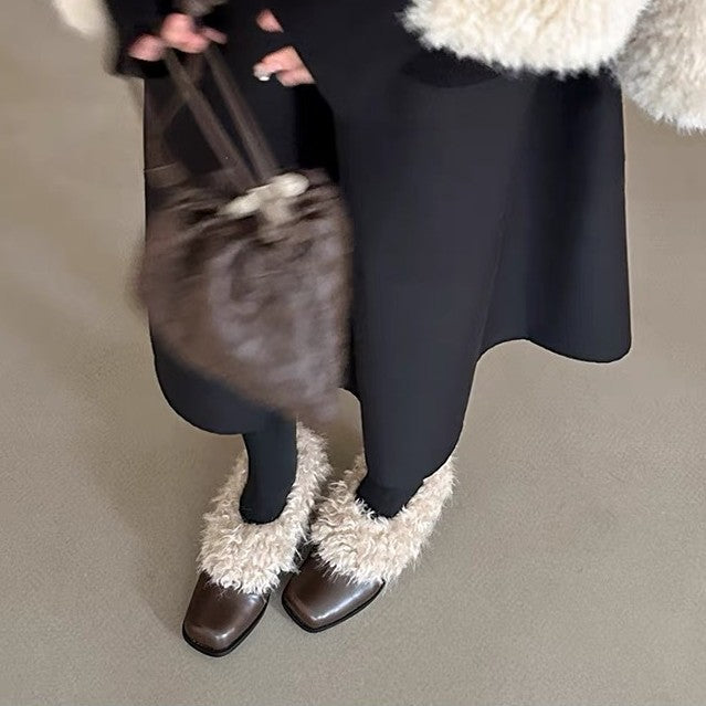 2025 Cowhide version~ Square head one-pedal retro velvet warm Mary Jane small leather shoes cotton shoes thick heel single shoes fluffy shoes