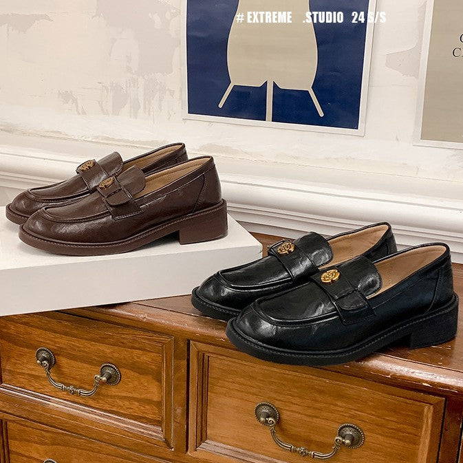 2025 Cowhide version~ New camellia platform retro black one-pedal British style loafers single shoes small leather shoes