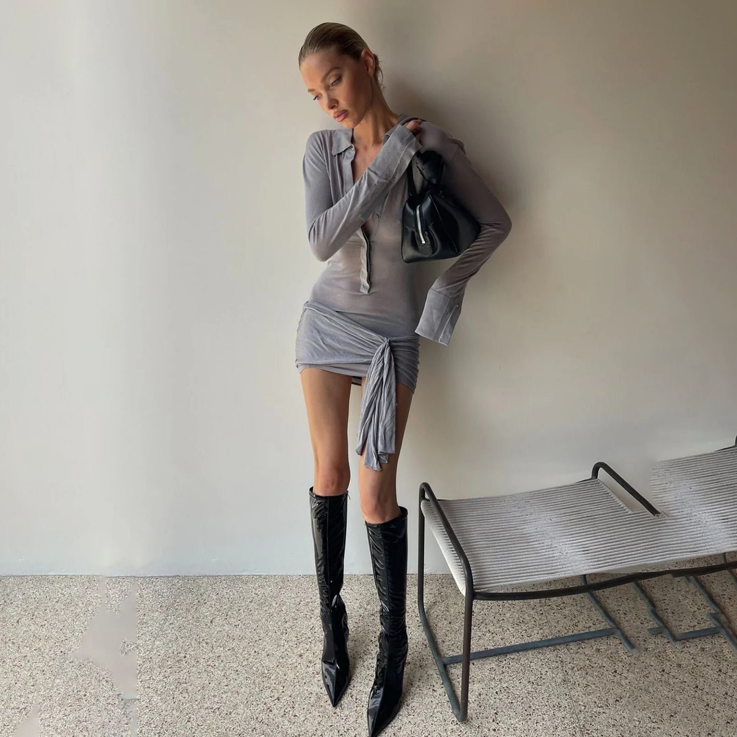 2025 Hot trade New POLO collar slim-fit pleated dress sexy pure desire spring and summer sexy long-sleeved knitted dress