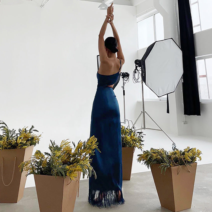 2025 summer new design dress asymmetrical niche tassel mopping floor long dress women