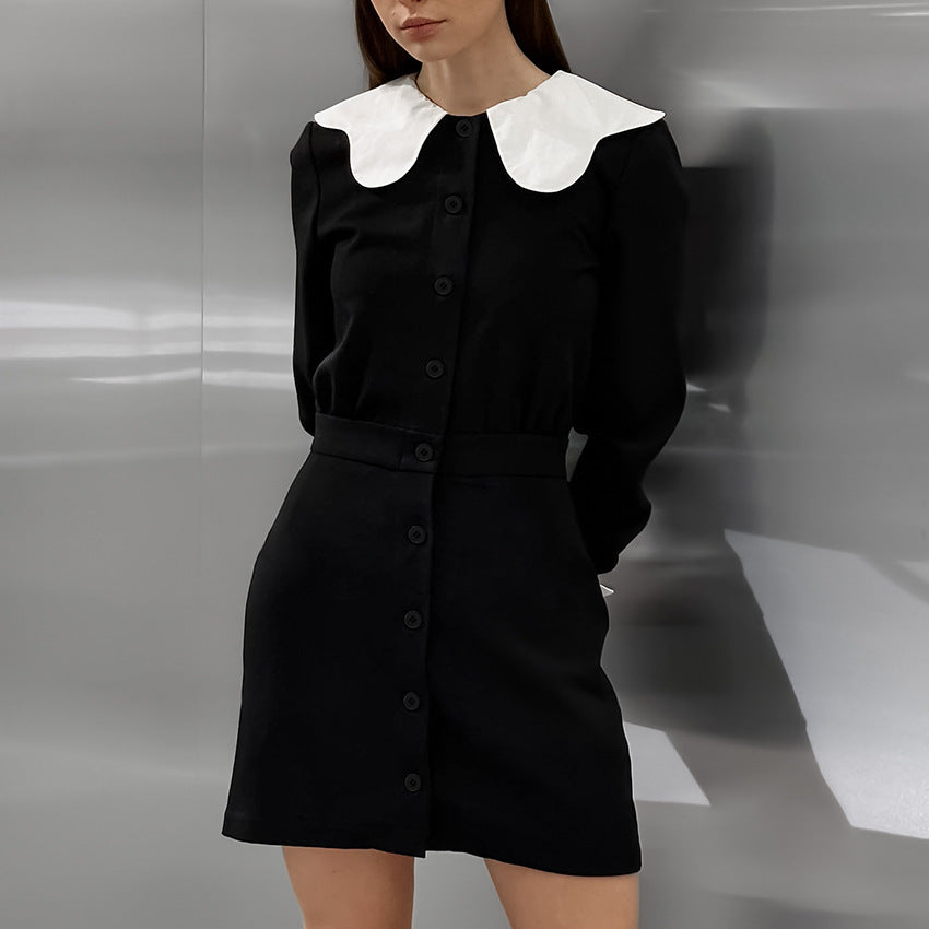2025 popular spring fashion black loose lapel bubble sleeves contrasting color patchwork dress New simple short skirt women