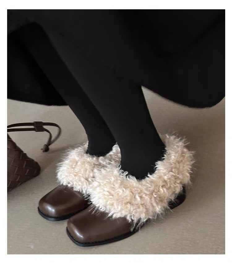 2025 Cowhide version~ Square head one-pedal retro velvet warm Mary Jane small leather shoes cotton shoes thick heel single shoes fluffy shoes