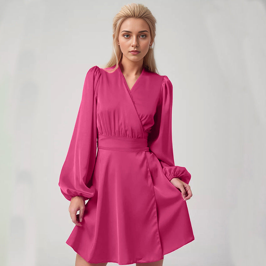 2025 Spring satin V-neck lantern sleeve high waist lace-up dress popularwildberries hot sale new short skirt women