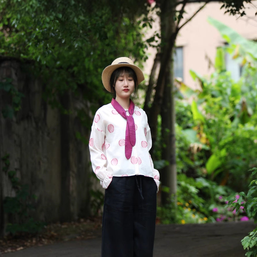 2025 Hangzhou women's clothing, red polka dot cut flower horn sleeve shirt, top sunscreen shirt 20509G, Academy of Literature and Retro.