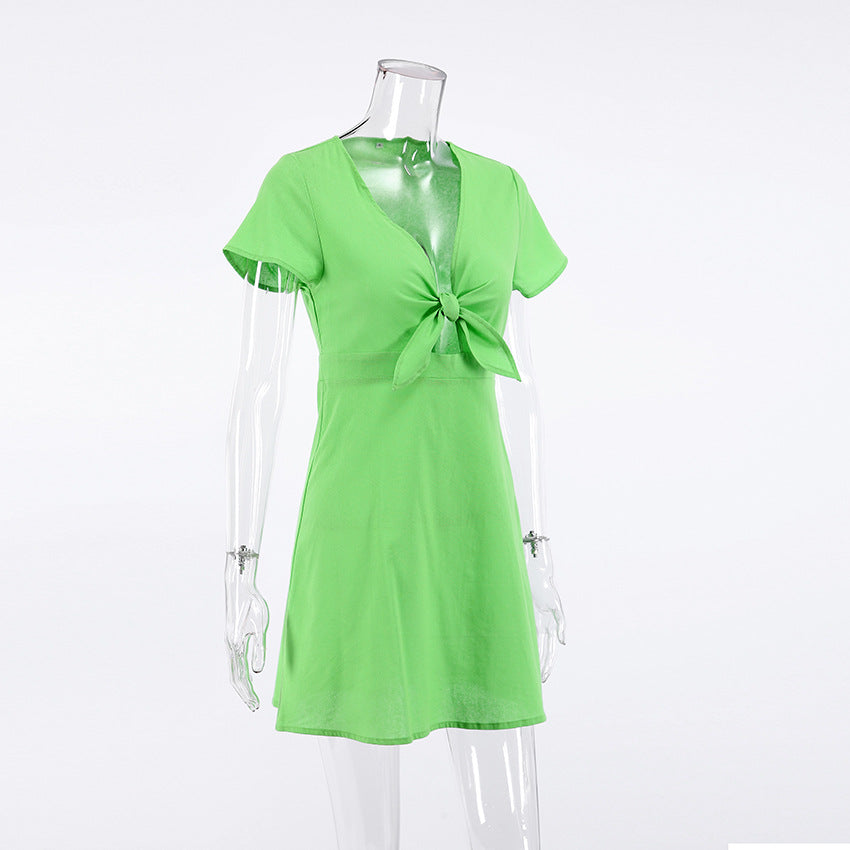 2025 summer new Feifei sleeve cotton and linen commuter dress bow V-neck hollow slim-fitting waist A-shaped skirt women