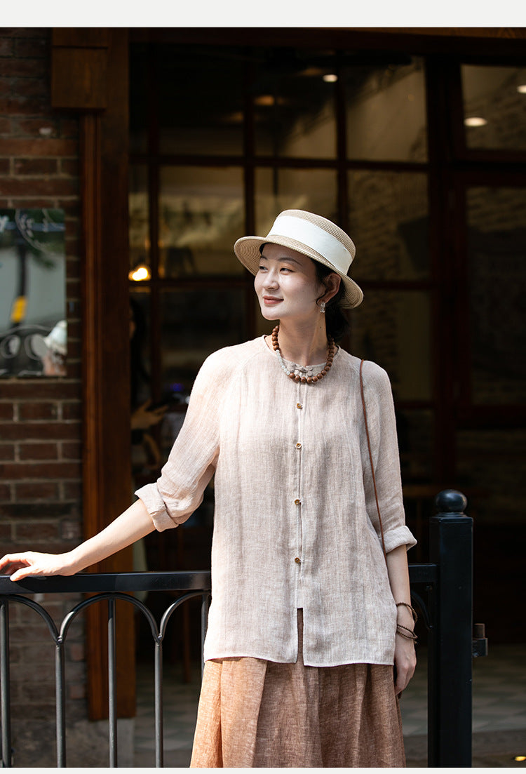 2025 popular spring light linen cardigan color breathable literary and casual versatile sunscreen shirt women's summer commute A0837