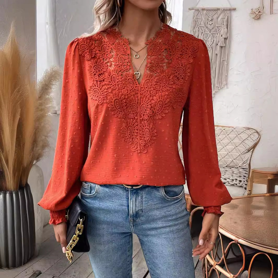 2025 Popular, , New autumn and winter new fashion V-neck lace solid color long-sleeved casual T women's top