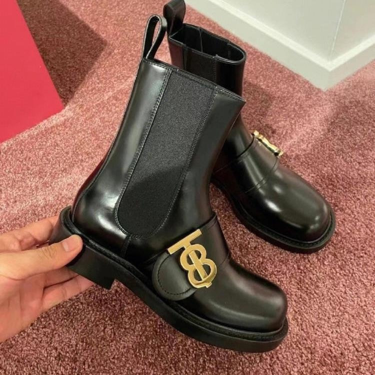 2025 Cowhide version~ New British style letter metal buckle round head cigarette boots Chelsea boots women's platform women's boots
