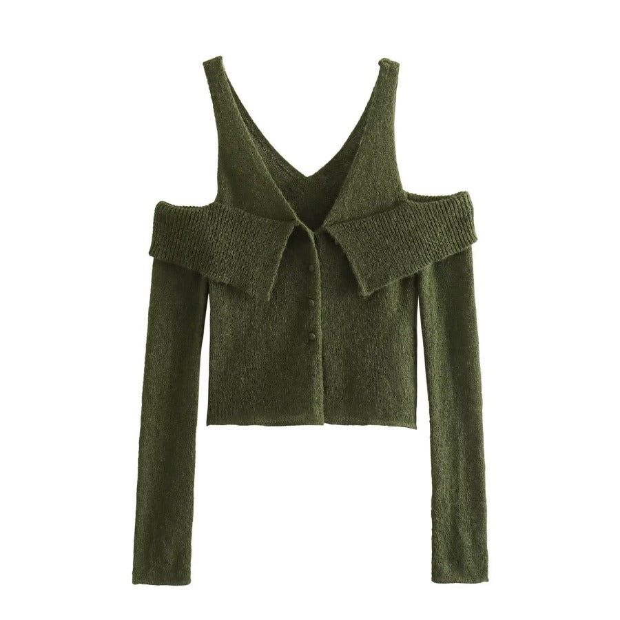 jinran fall outfits women Spring New Knitted Cardigan V-neck Flanging Slim-Fit Short off-Shoulder Long Sleeve Women's Sweater