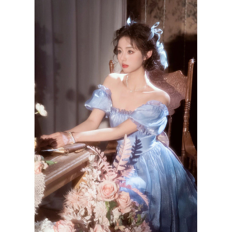 Light wedding dress 2025 new Hong Kong-style retro style studio photography blue high-end dress student adult princess dress