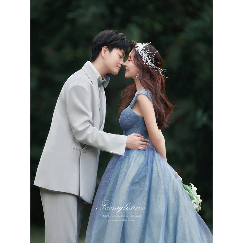 New studio photo theme clothing color yarn 2025 new Mori couple blue wedding dress flower girl lawn dress