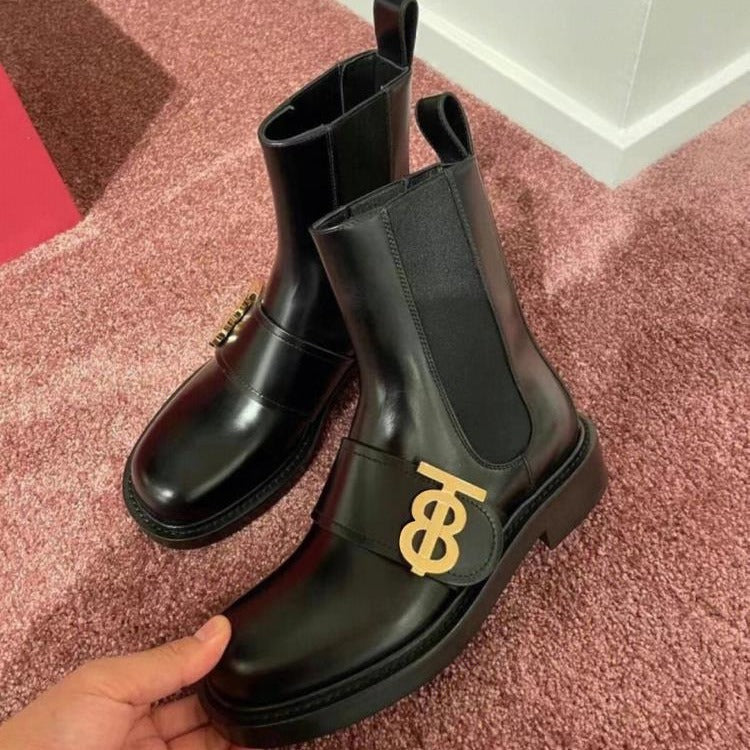 2025 Cowhide version~ New British style letter metal buckle round head cigarette boots Chelsea boots women's platform women's boots
