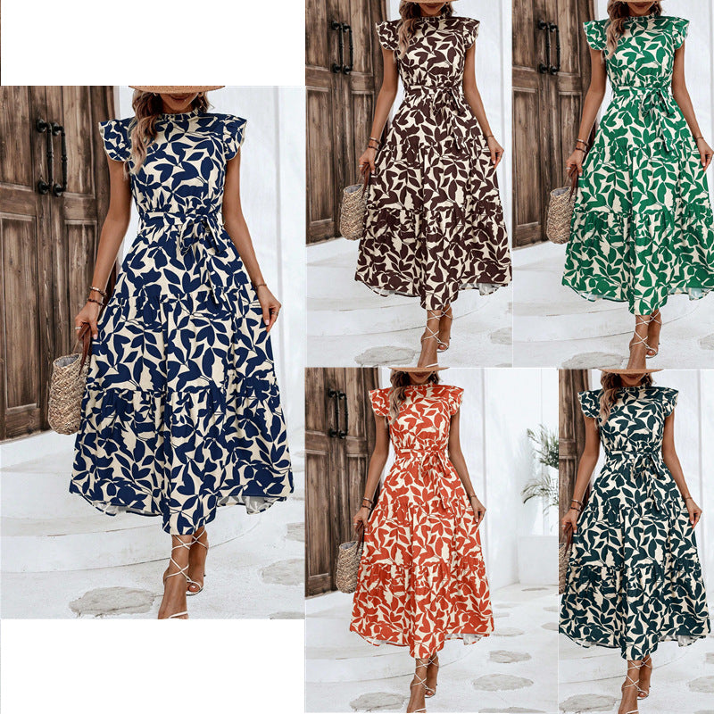 2025 Popular, , New women's clothing summer new fashion fungus edge flying sleeves lace-up printed fairy skirt
