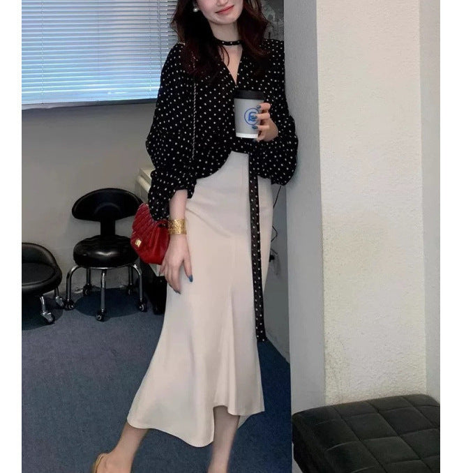 temperament black polka dot neck collar shirt women's spring and autumn niche design sense loose front shoulder low neck top