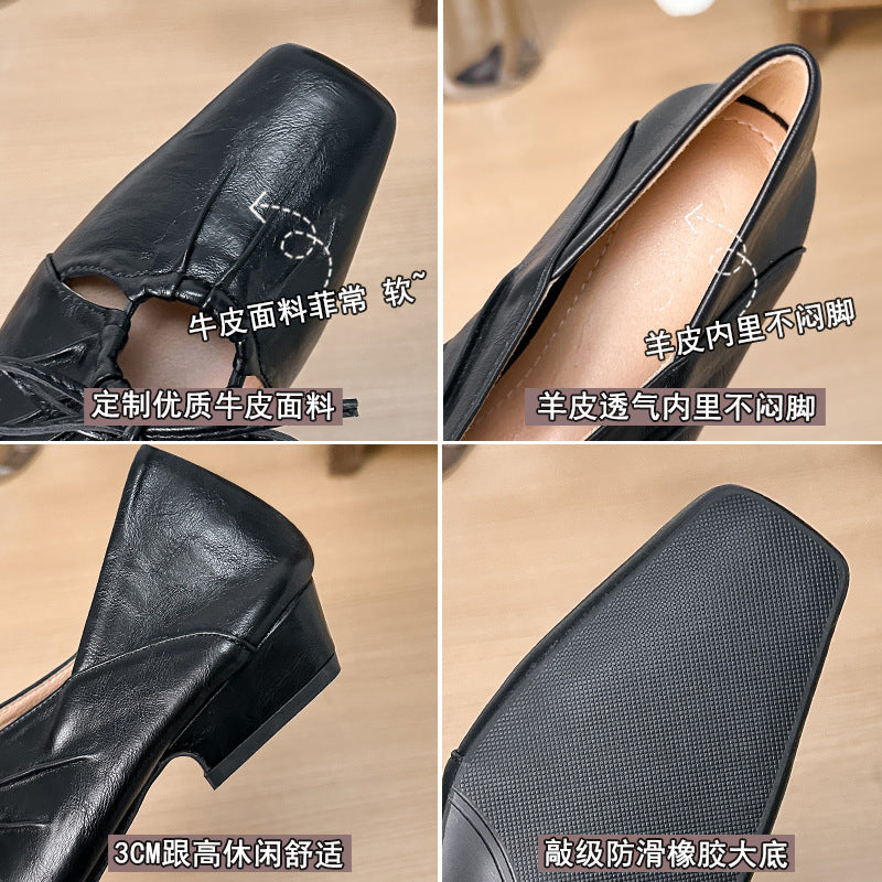 2025 Cowhide version~ pleated hollow Mary Jane shoes bow handmade leather low-heeled single shoes light mouth small leather shoes women