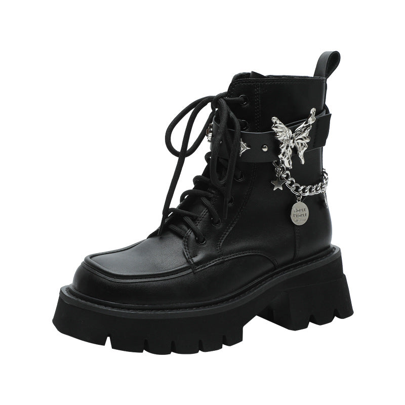 jinran shoes 2024 Autumn New Liquid Butterfly Martin Boots Thick Bottom Casual Lightweight Denim Knight Boots Women's Short Boots Women's Chunky Heel