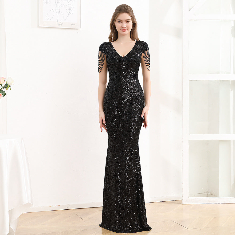 2025 Evening dress dress female black dignified atmosphere host high-end banquet wear sequins thin long fishtail dress