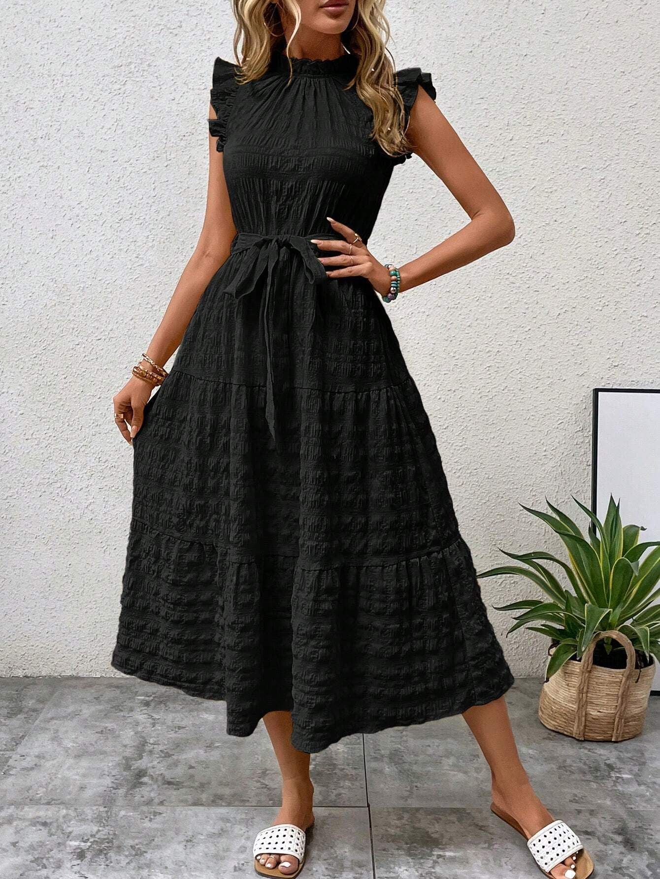 2025 Popular, , New women's clothing summer new fashion fungus edge flying sleeves lace-up textured dress