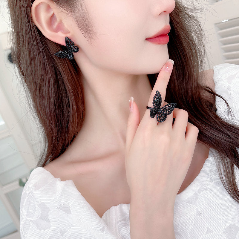 2025 New style trendy niche temperament designer style super fairy temperament open index finger ring butterfly ring earring jewelry set