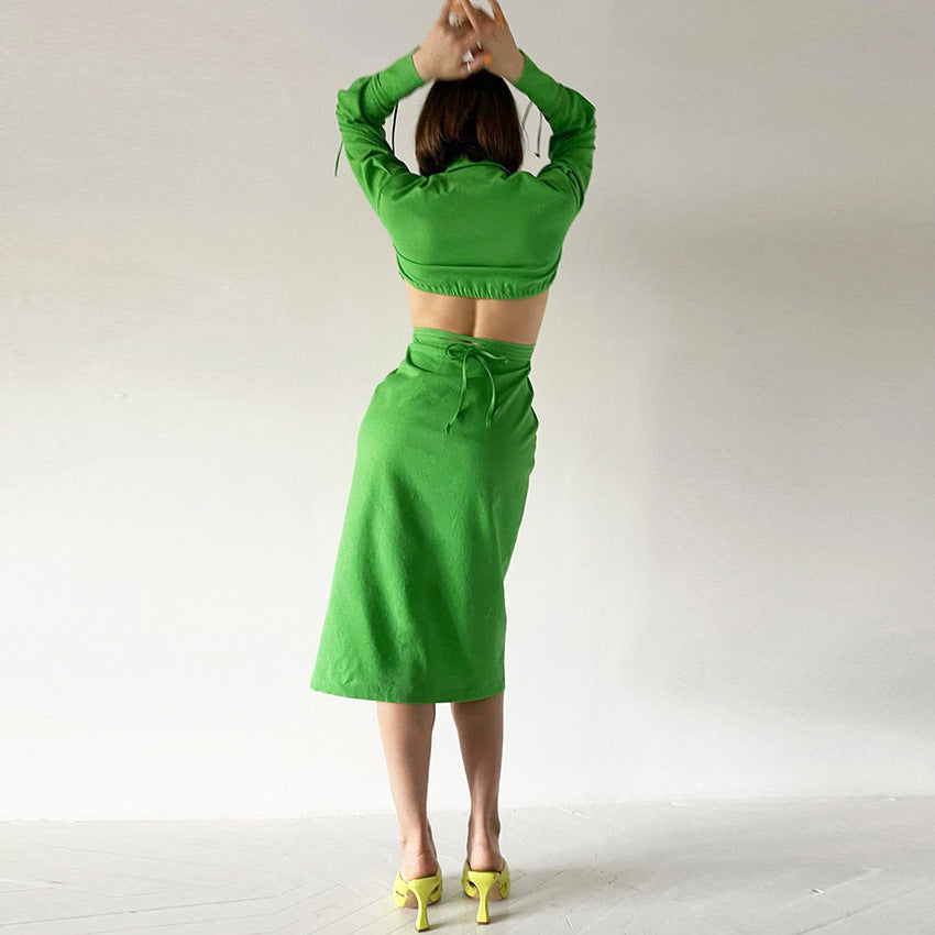2025 autumn new green temperament waist hollow design shirt dress long sleeve medium and long dress bow women