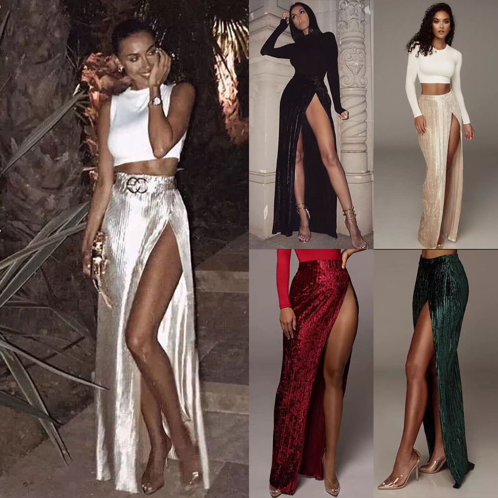 2025 2025 New thin pit strips, spring skirt elegant and high split women's skirt INS long skirt women