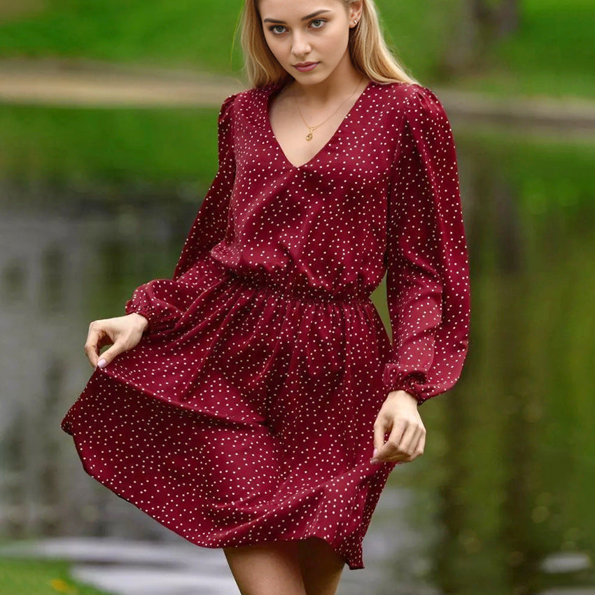 2025 spring wildberries polka dot V-neck bubble sleeve long-sleeved dress New fashion retro short skirt women