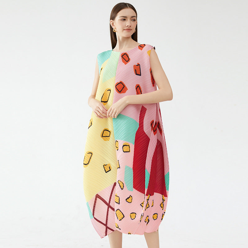 2025 summer new elegant style women's clothing pullover sleeveless round neck printing and dyeing pleated umbrella dress women