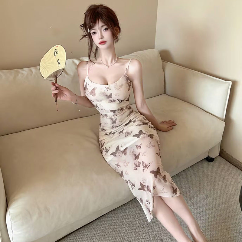 2025 summer new celebrity women's clothing sexy butterfly print off-the-shoulder suspender dress mesh slim dress