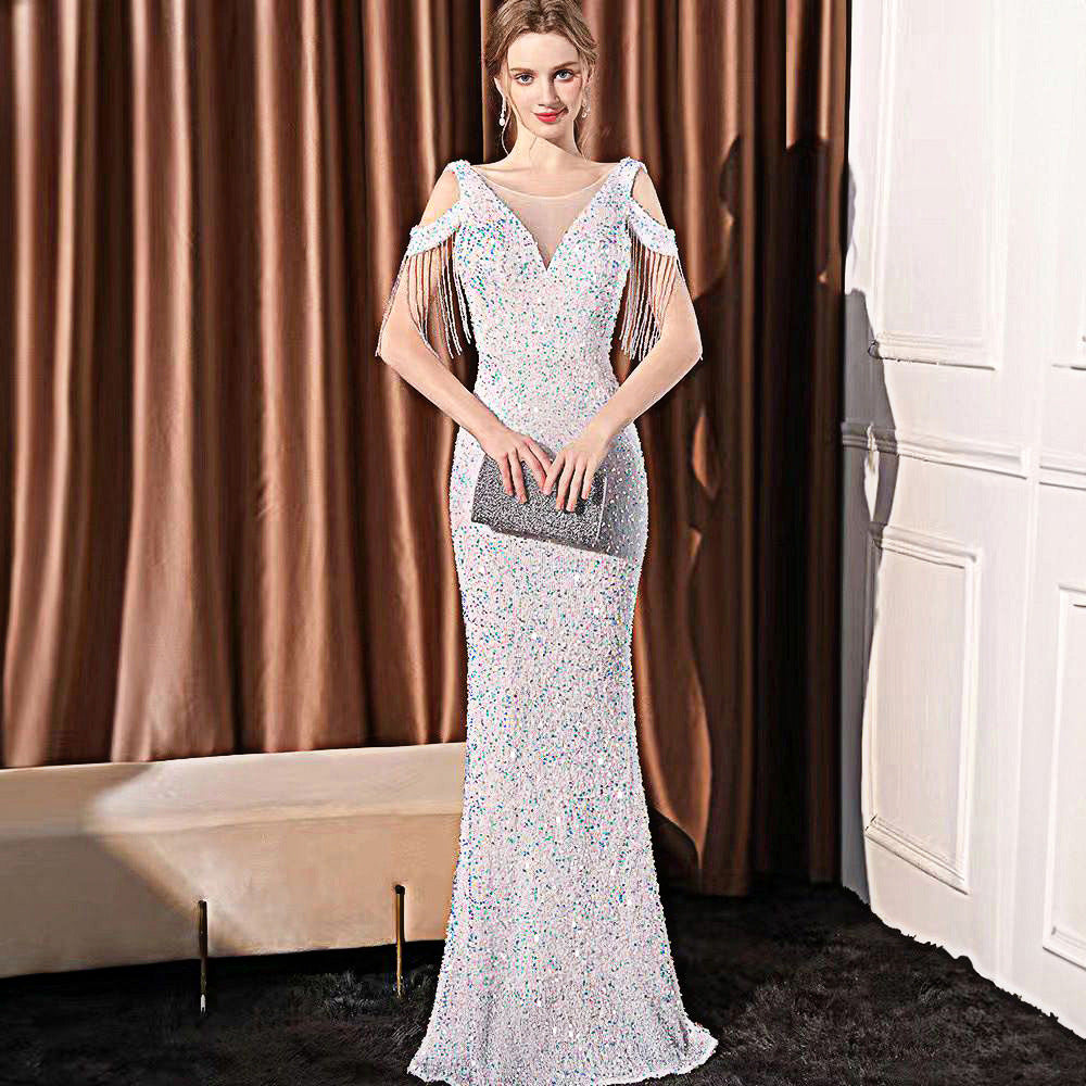 2025 Evening dress dress female high-end temperament celebrity light luxury banquet party sequins long slim and thin fishtail dress
