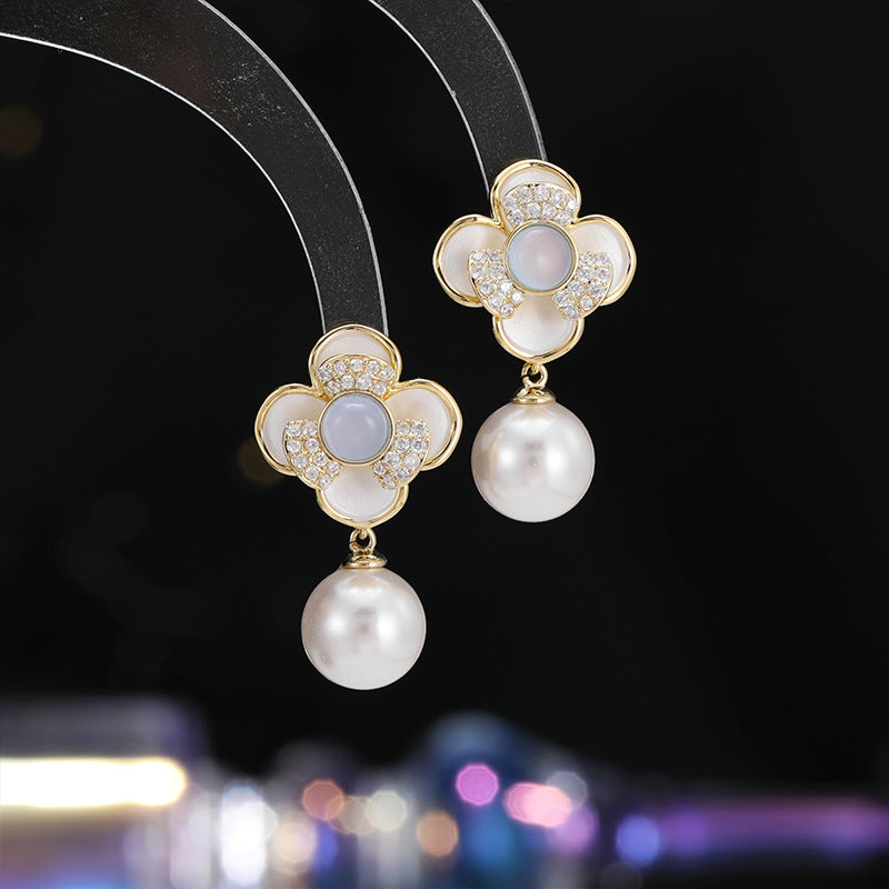 2025 High-end earrings female niche fresh fairy wind jade light luxury inlaid zircon s925 silver needle camellia earrings