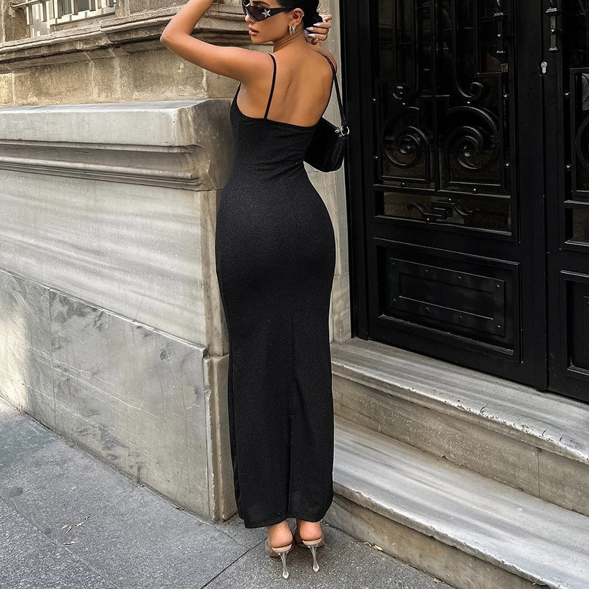 2025 Spring sexy design suspender U-neck slim dress New fashion knitted high-waisted long dress women's clothing